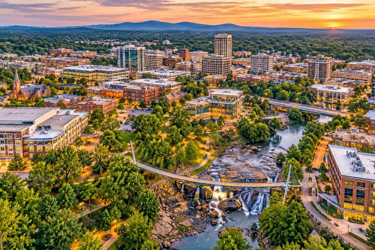 Downtown Greenville and Falls Park at sunset